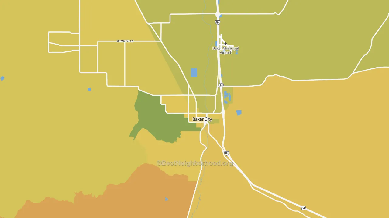 Map of the best neighborhoods in the 97814 area, with better matches in green and worse matches in red