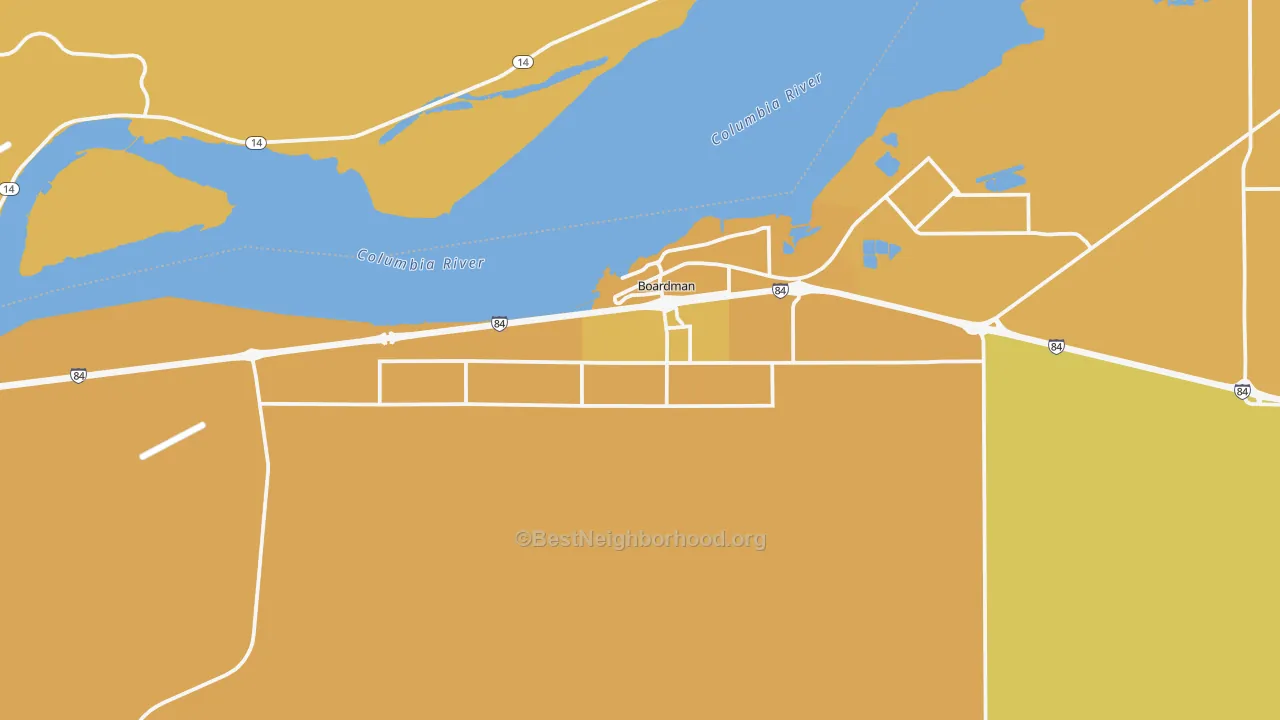 Map of the best neighborhoods in the 97818 area, with better matches in green and worse matches in red