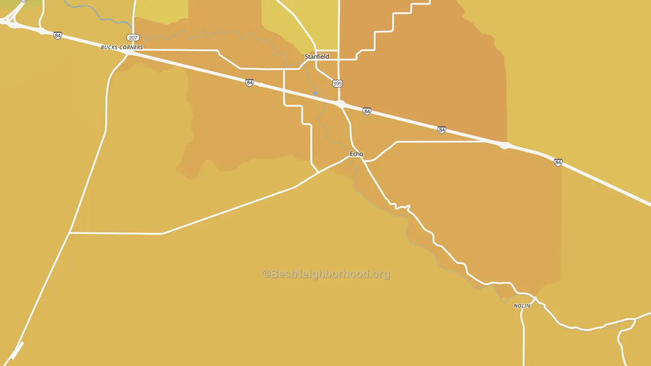 Map of the best neighborhoods in the 97826 area, with better matches in green and worse matches in red