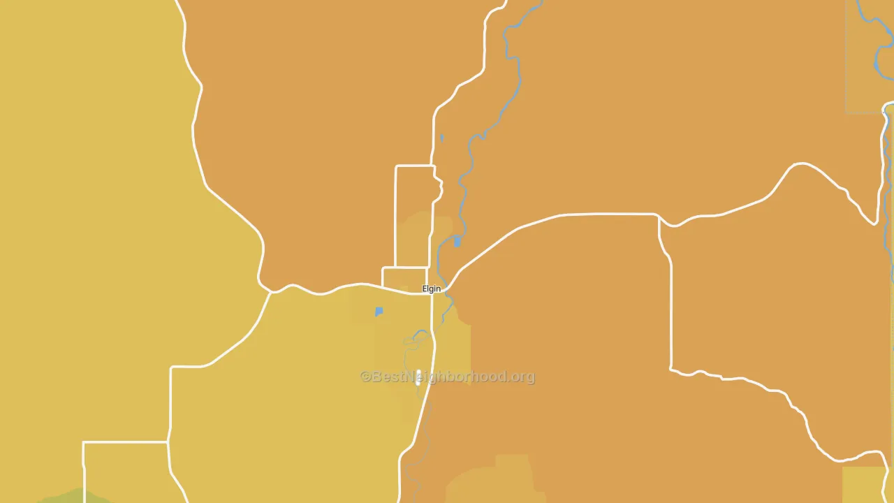 Map of the best neighborhoods in the 97827 area, with better matches in green and worse matches in red