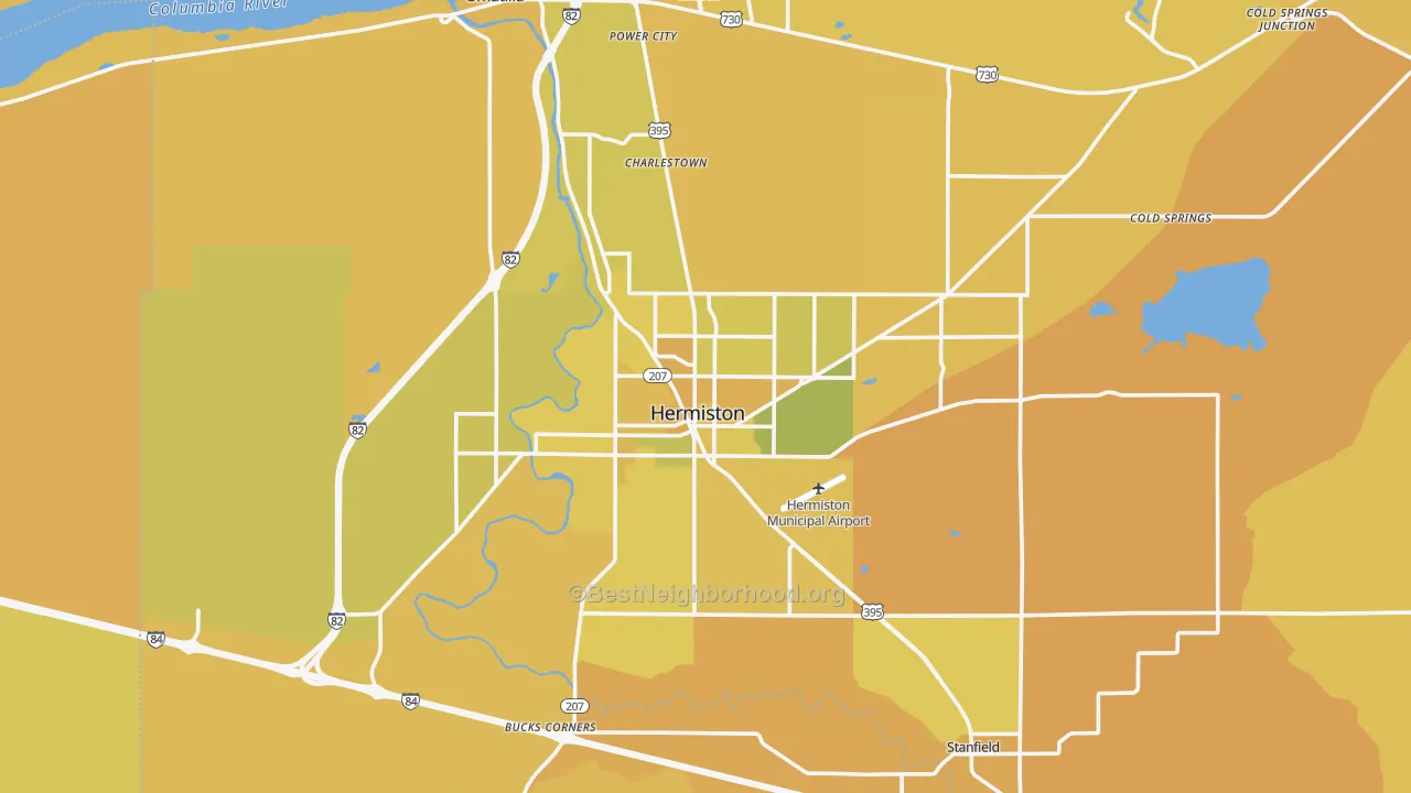 Map of the best neighborhoods in the 97838 area, with better matches in green and worse matches in red