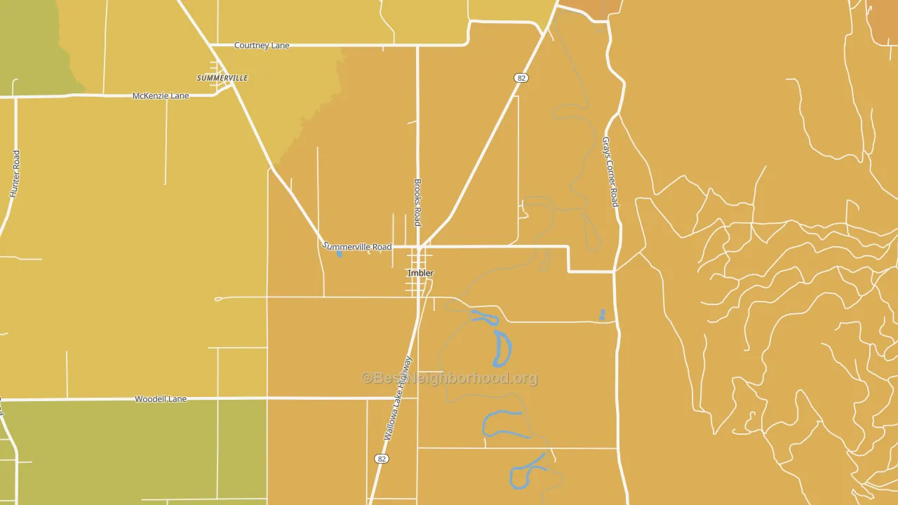 Map of the best neighborhoods in the 97841 area, with better matches in green and worse matches in red