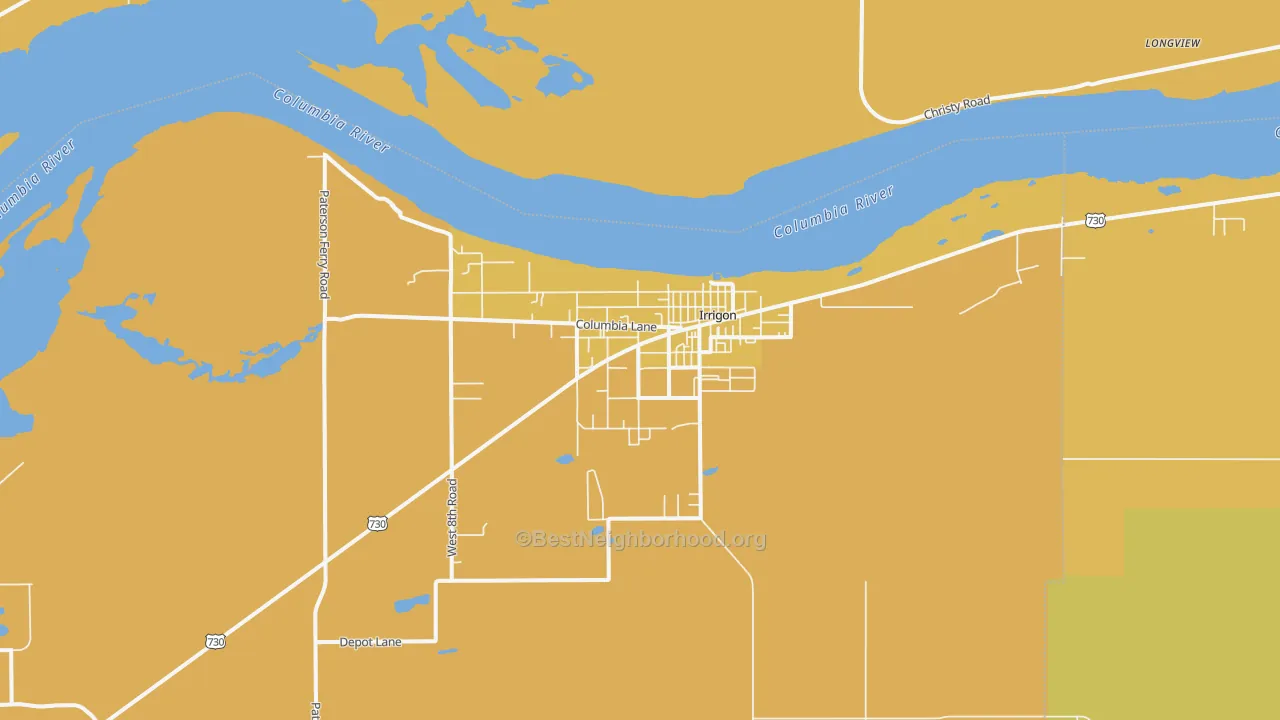 Map of the best neighborhoods in the 97844 area, with better matches in green and worse matches in red