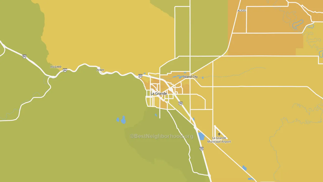 Map of the best neighborhoods in the 97850 area, with better matches in green and worse matches in red