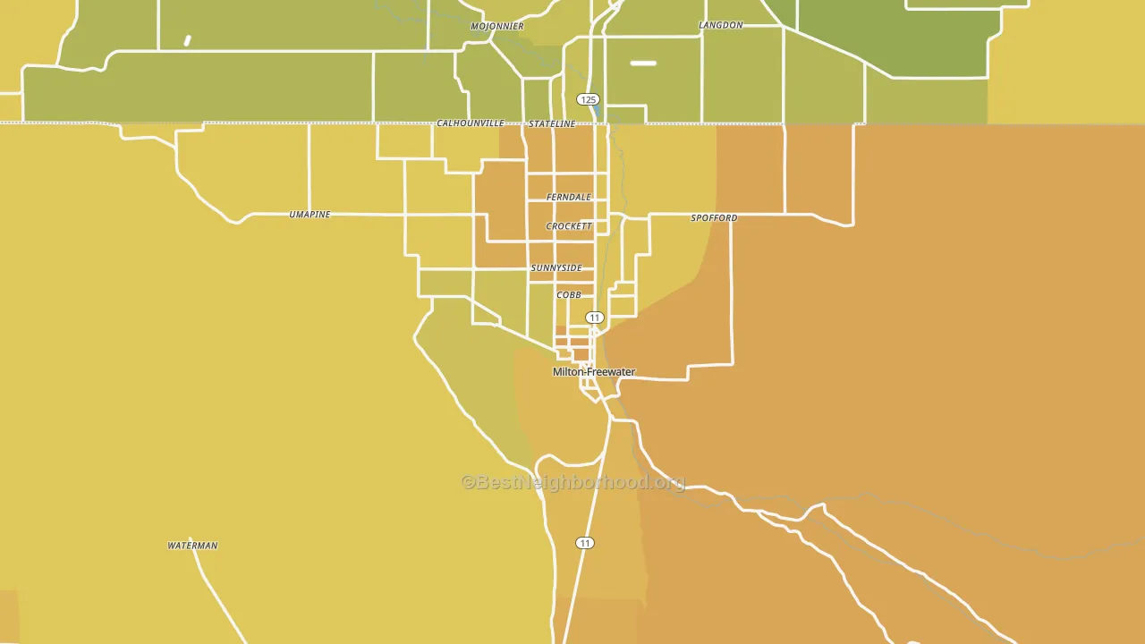 Map of the best neighborhoods in the 97862 area, with better matches in green and worse matches in red
