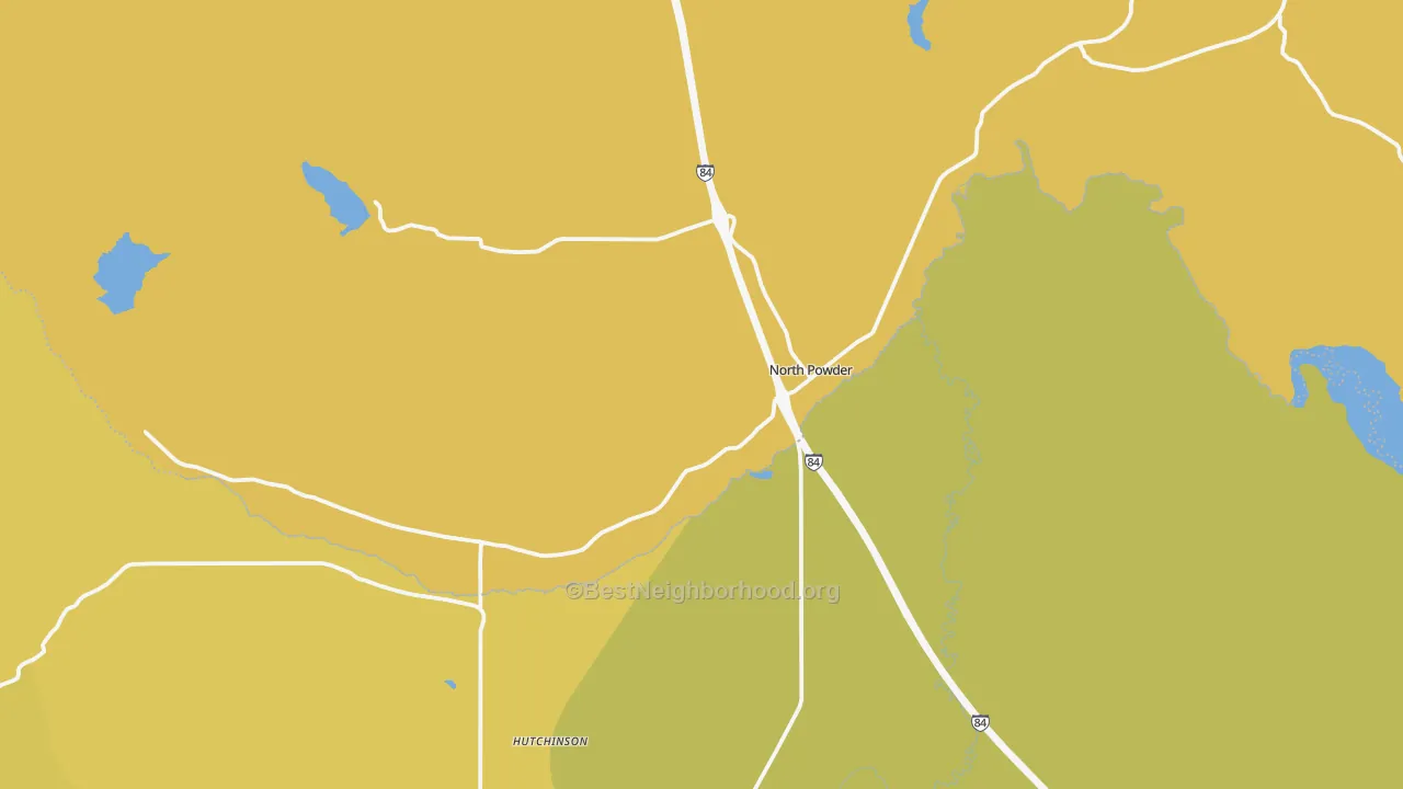Map of the best neighborhoods in the 97867 area, with better matches in green and worse matches in red
