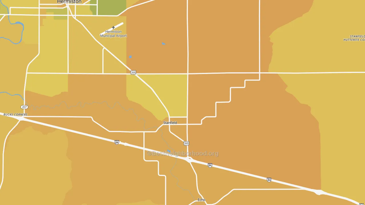 Map of the best neighborhoods in the 97875 area, with better matches in green and worse matches in red