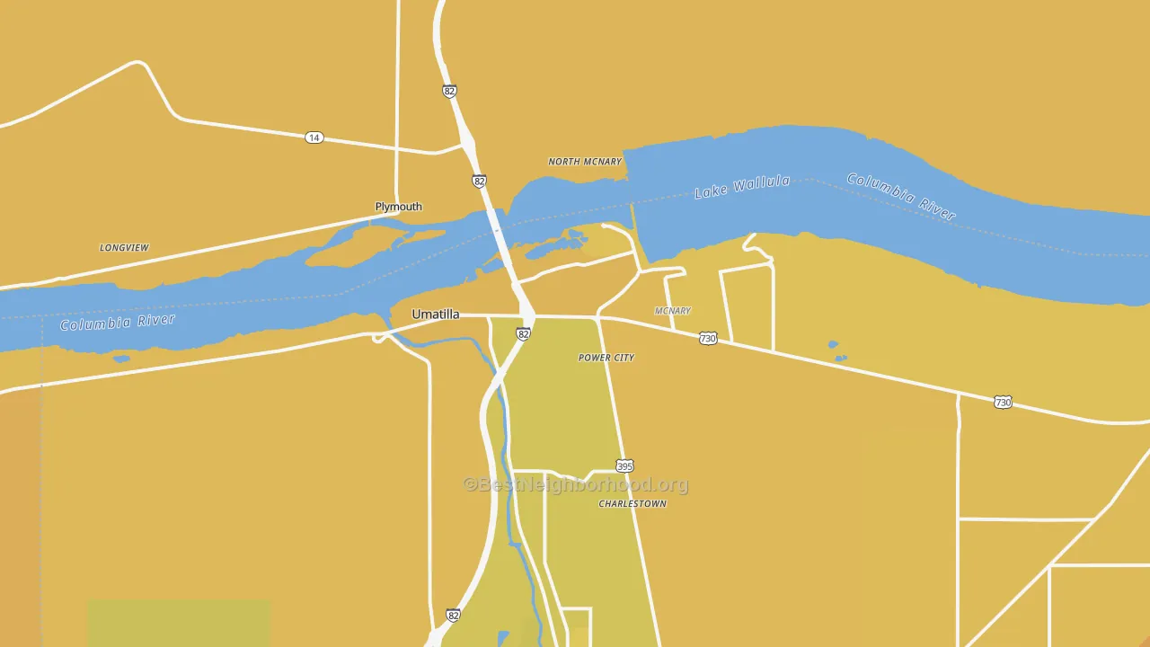 Map of the best neighborhoods in the 97882 area, with better matches in green and worse matches in red