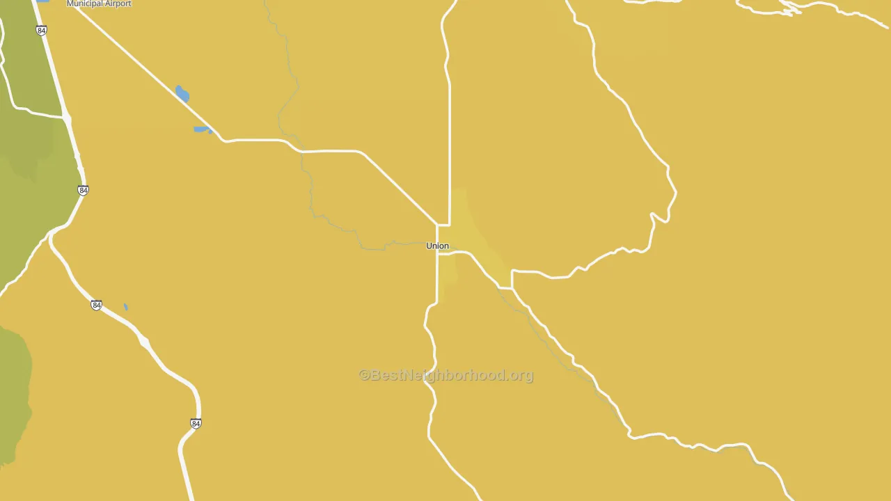 Map of the best neighborhoods in the 97883 area, with better matches in green and worse matches in red