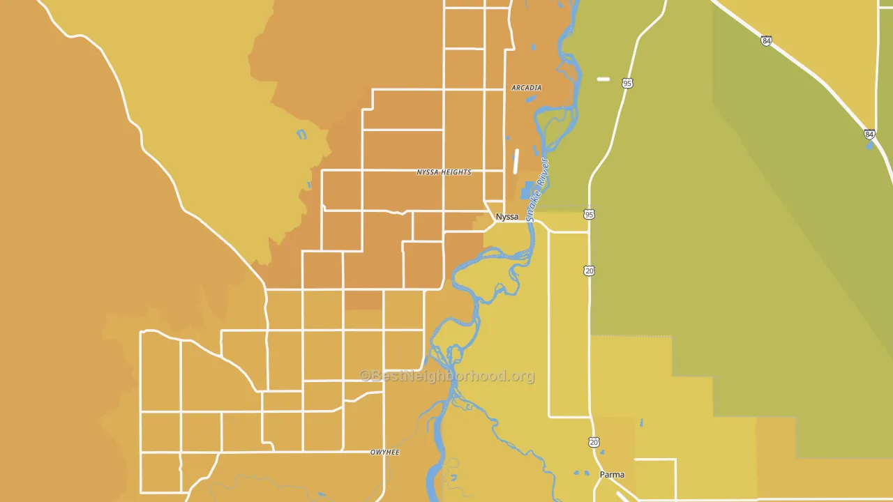 Map of the best neighborhoods in the 97913 area, with better matches in green and worse matches in red