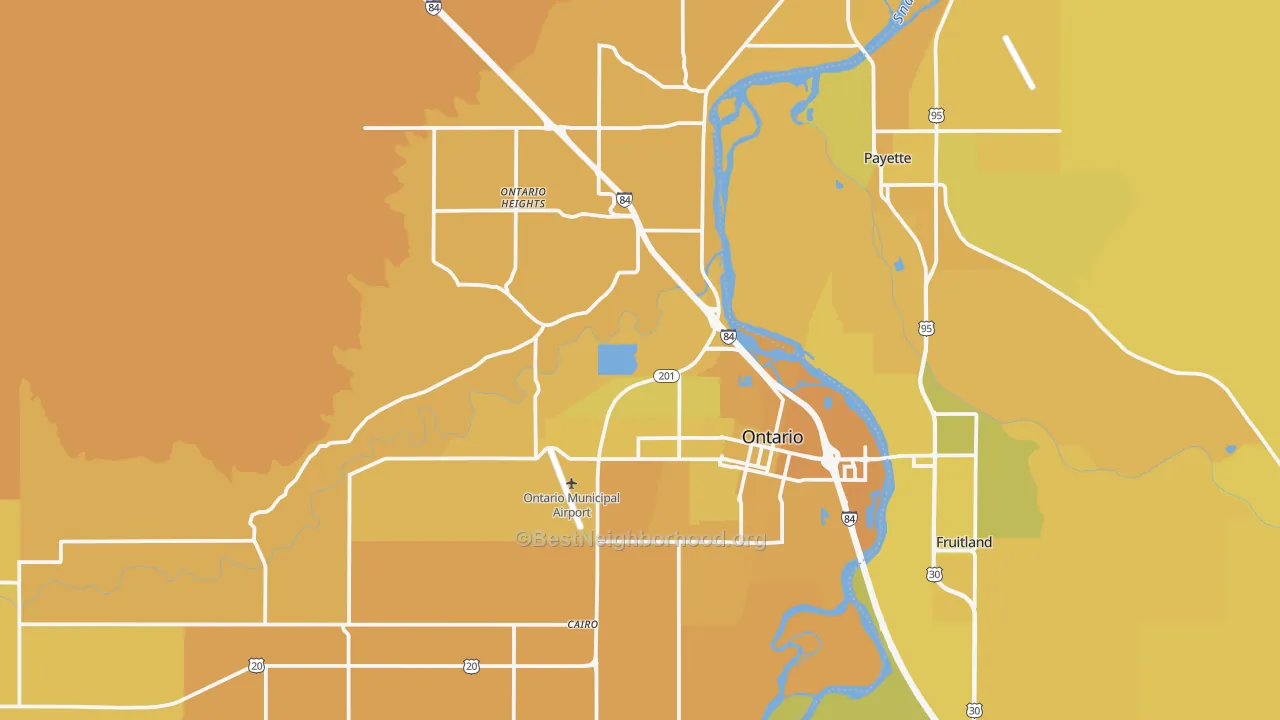 Map of the best neighborhoods in the 97914 area, with better matches in green and worse matches in red