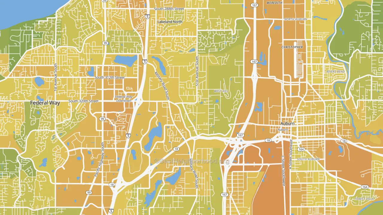 Map of the best neighborhoods in the 98001 area, with better matches in green and worse matches in red