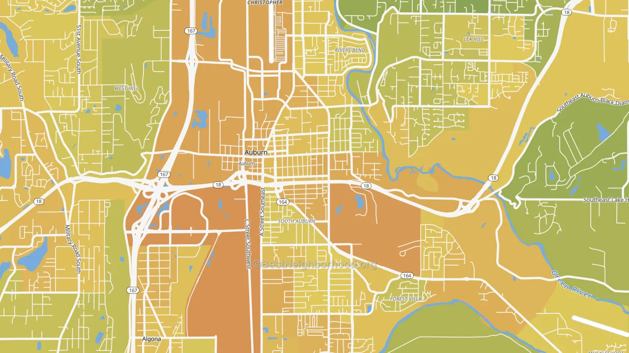 Map of the best neighborhoods in the 98002 area, with better matches in green and worse matches in red
