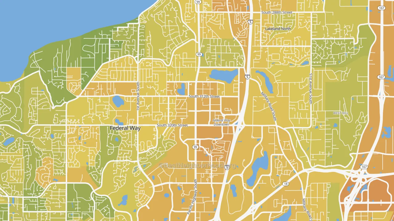 Map of the best neighborhoods in the 98003 area, with better matches in green and worse matches in red