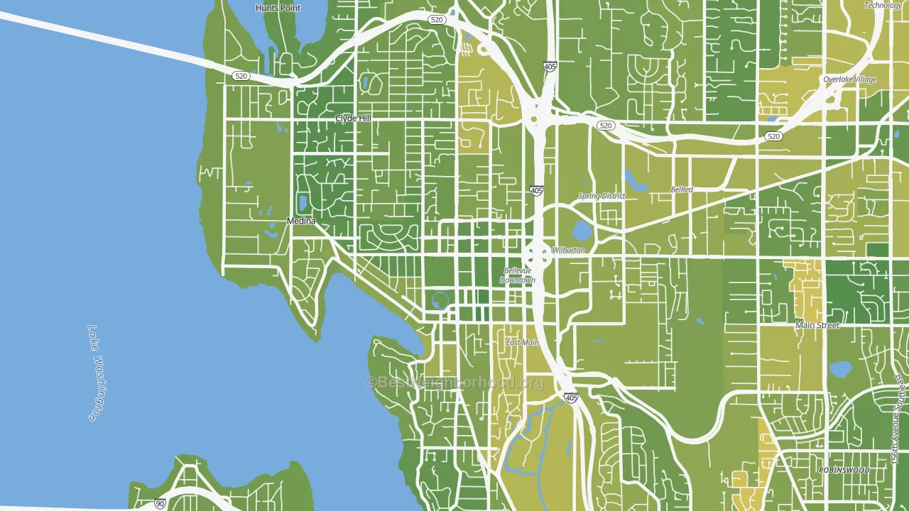 Map of the best neighborhoods in the 98004 area, with better matches in green and worse matches in red