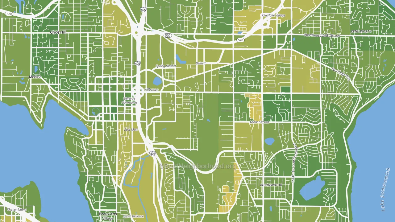Map of the best neighborhoods in the 98005 area, with better matches in green and worse matches in red
