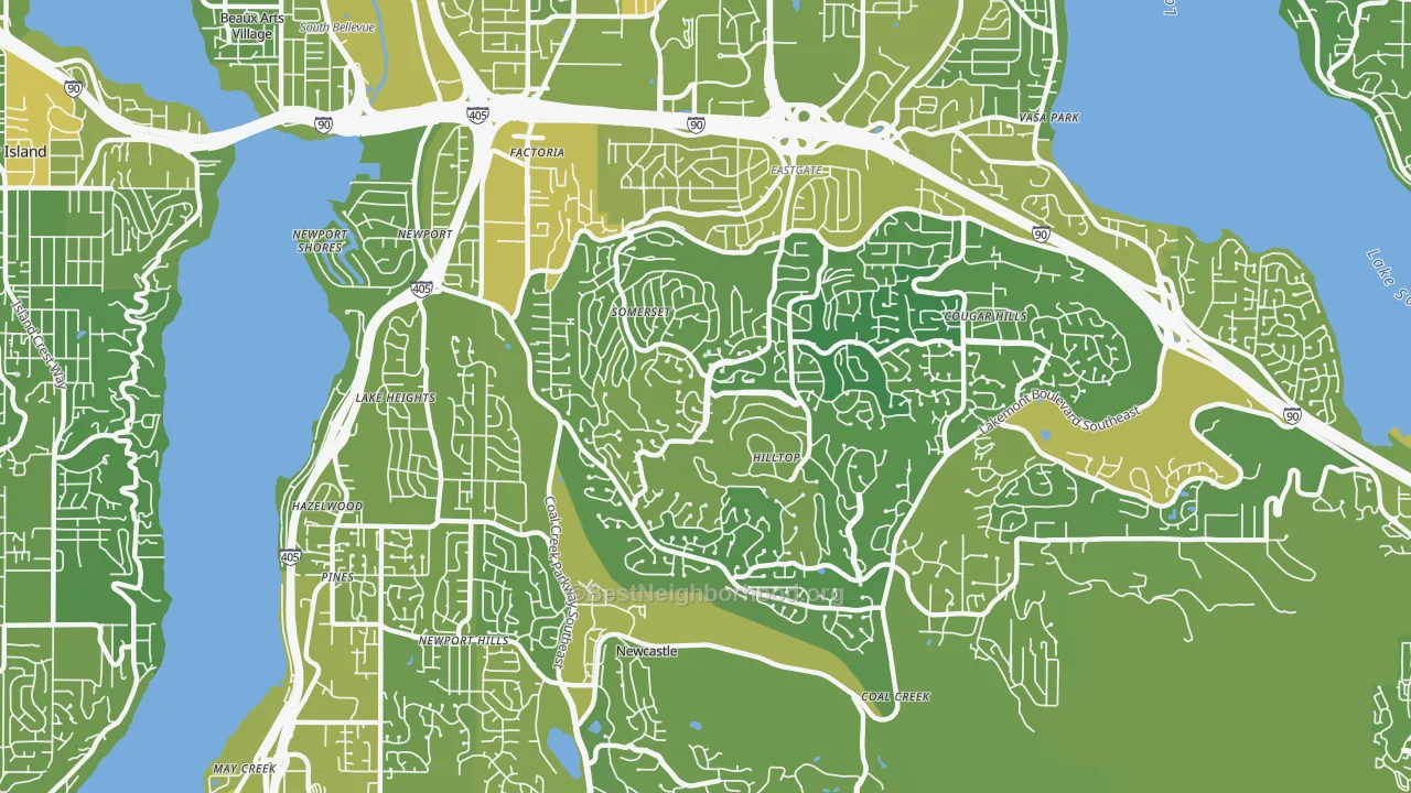 Map of the best neighborhoods in the 98006 area, with better matches in green and worse matches in red