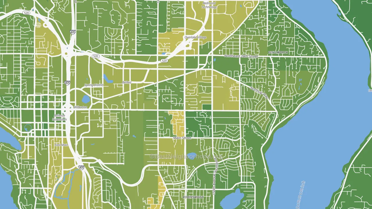 Map of the best neighborhoods in the 98007 area, with better matches in green and worse matches in red