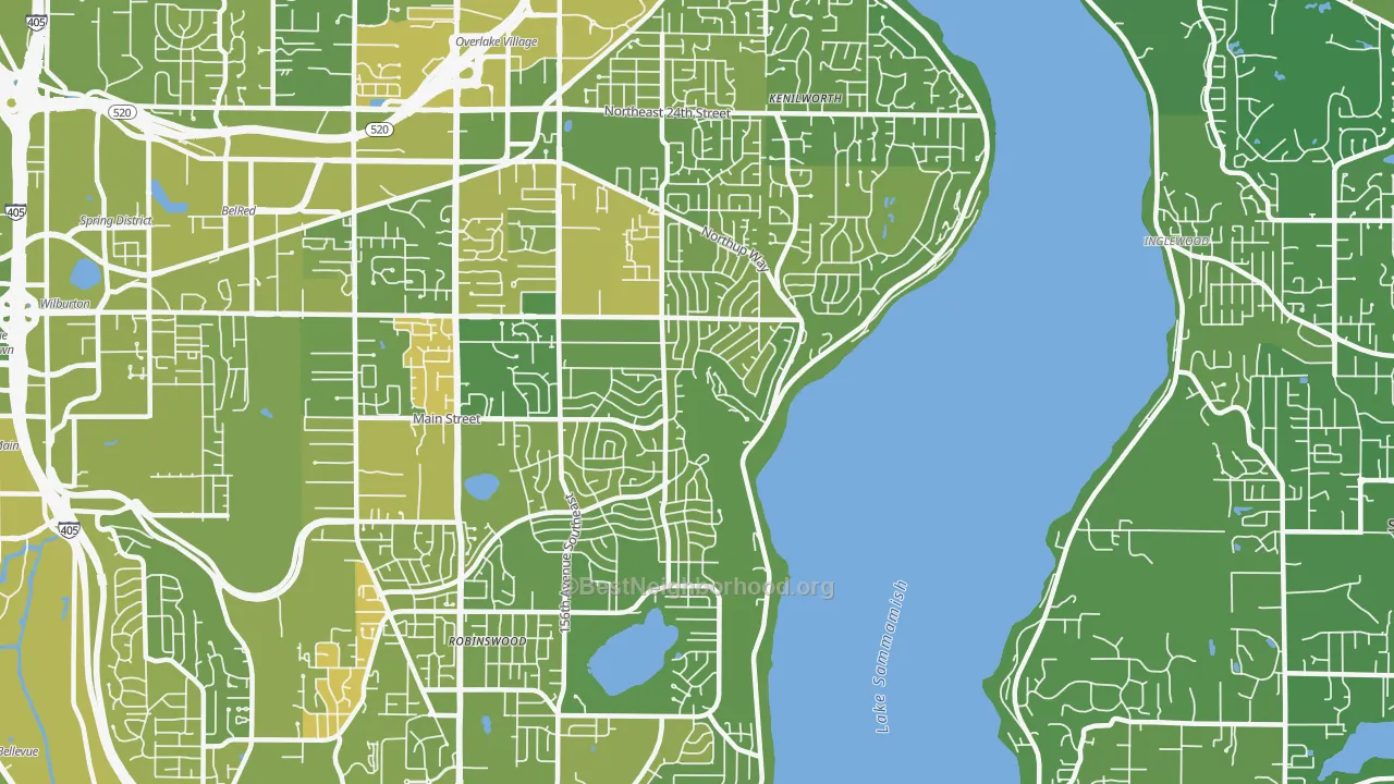 Map of the best neighborhoods in the 98008 area, with better matches in green and worse matches in red