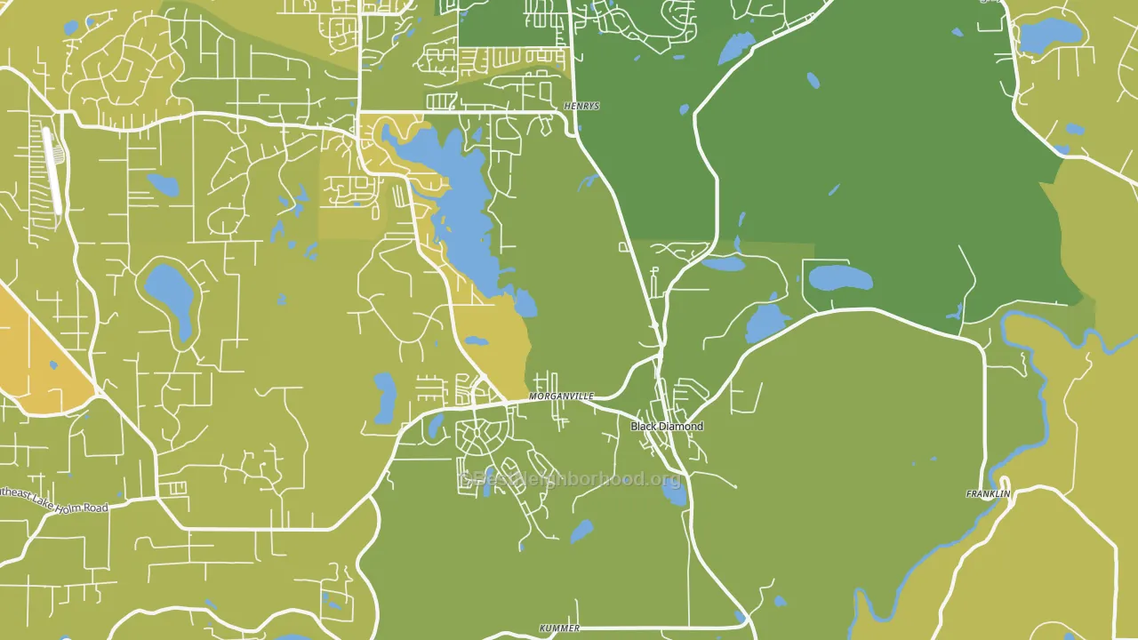 Map of the best neighborhoods in the 98010 area, with better matches in green and worse matches in red