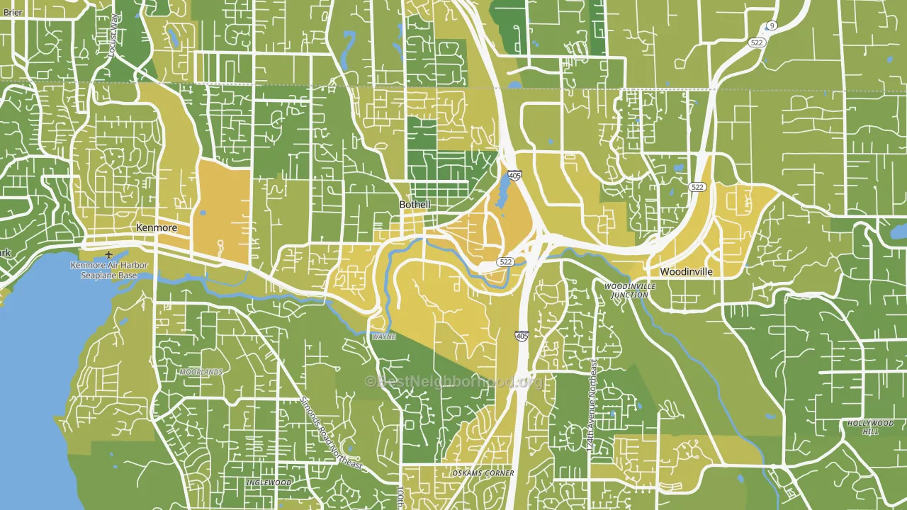 Map of the best neighborhoods in the 98011 area, with better matches in green and worse matches in red