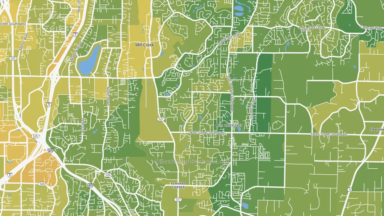 Map of the best neighborhoods in the 98012 area, with better matches in green and worse matches in red