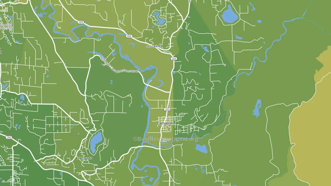 Map of the best neighborhoods in the 98014 area, with better matches in green and worse matches in red