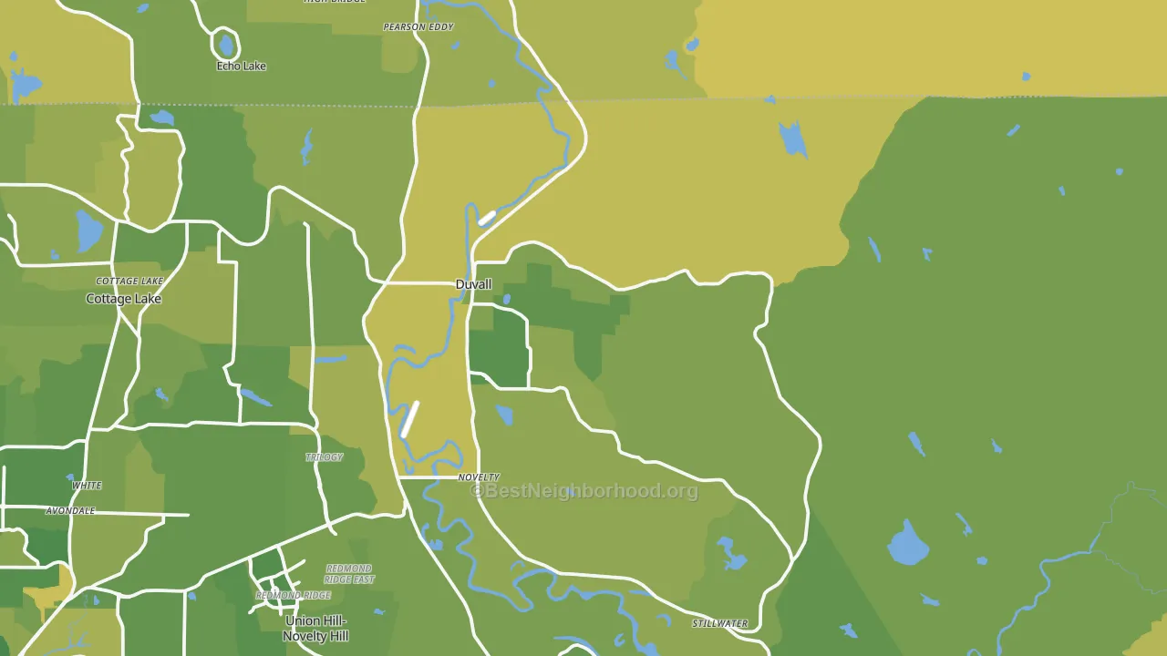 Map of the best neighborhoods in the 98019 area, with better matches in green and worse matches in red
