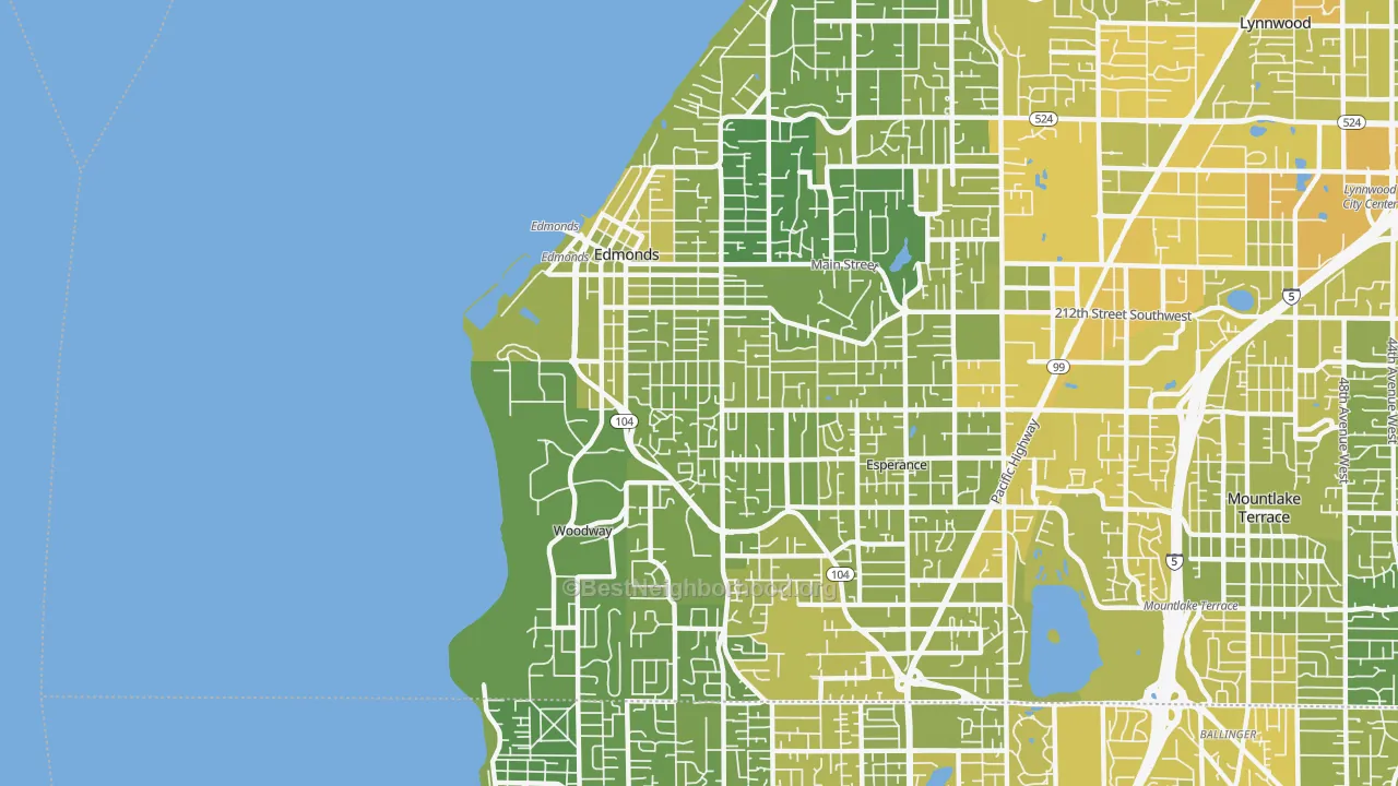 Map of the best neighborhoods in the 98020 area, with better matches in green and worse matches in red