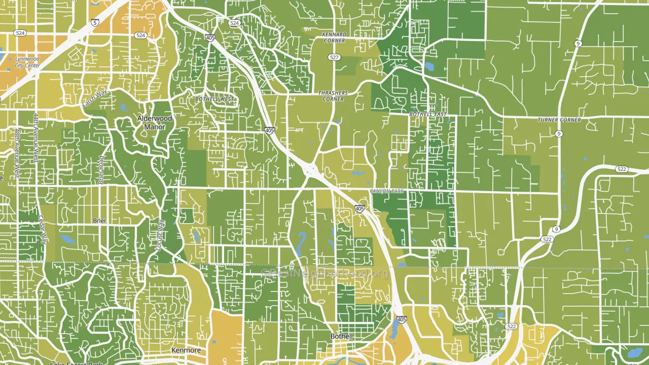 Map of the best neighborhoods in the 98021 area, with better matches in green and worse matches in red
