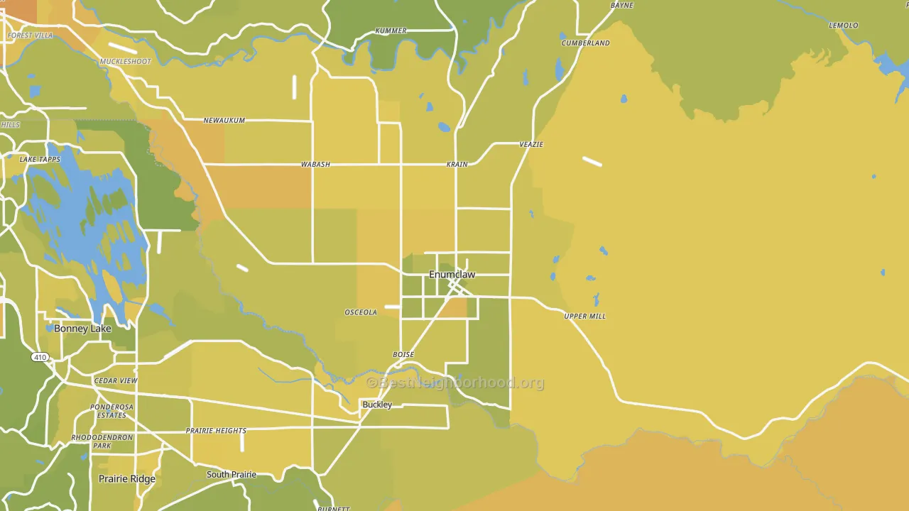 Map of the best neighborhoods in the 98022 area, with better matches in green and worse matches in red