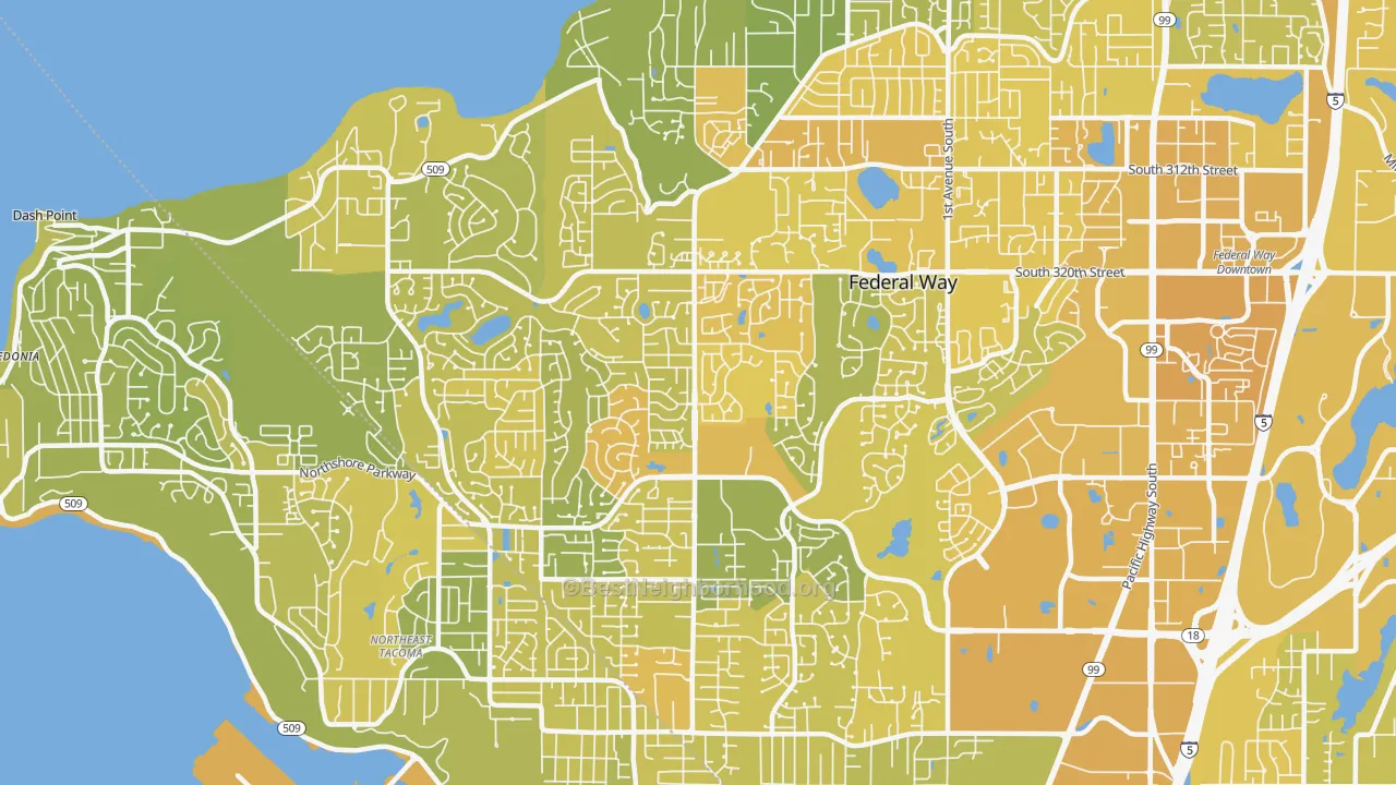 Map of the best neighborhoods in the 98023 area, with better matches in green and worse matches in red
