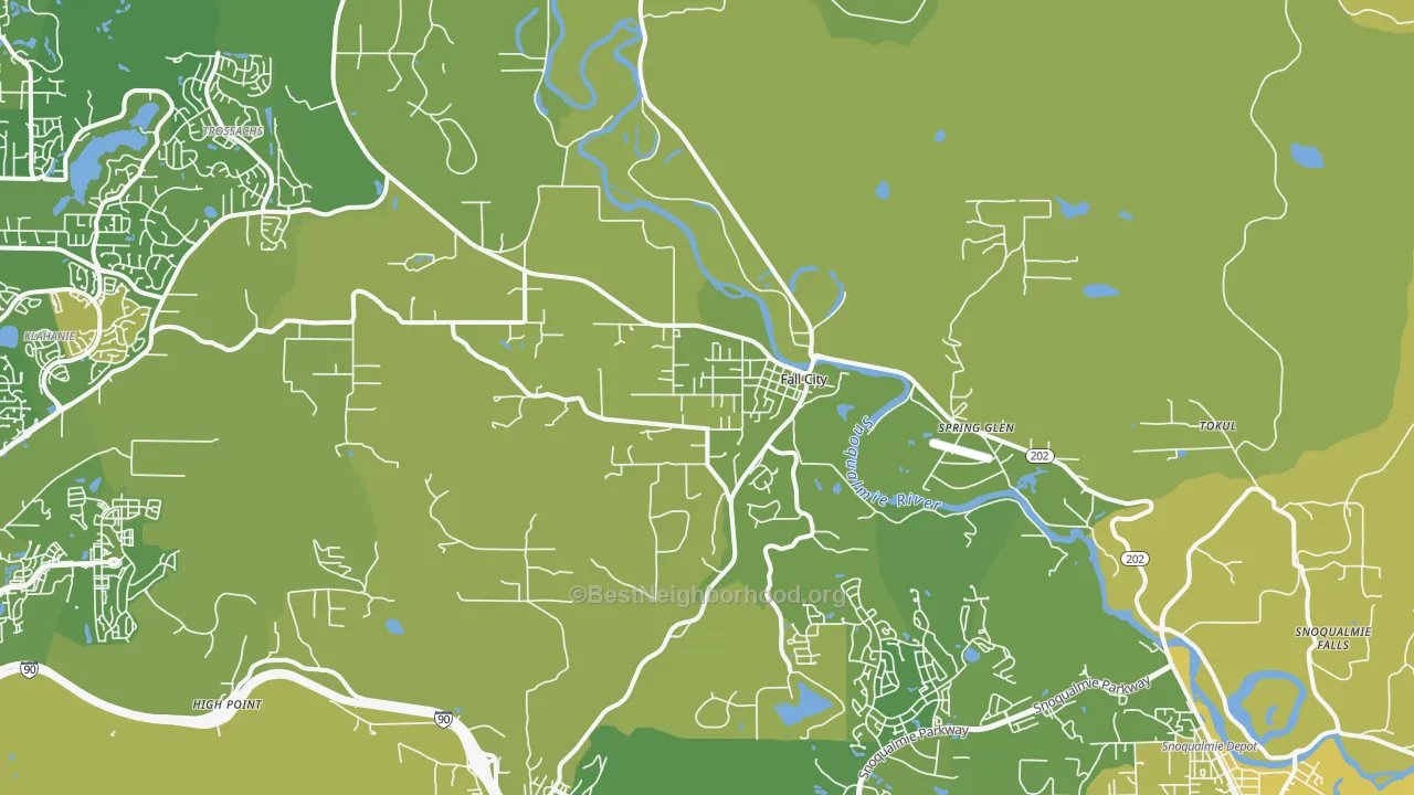 Map of the best neighborhoods in the 98024 area, with better matches in green and worse matches in red