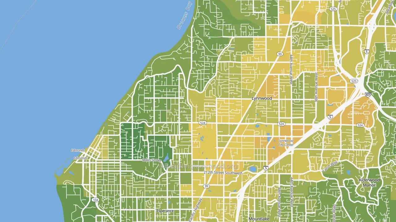 Map of the best neighborhoods in the 98026 area, with better matches in green and worse matches in red