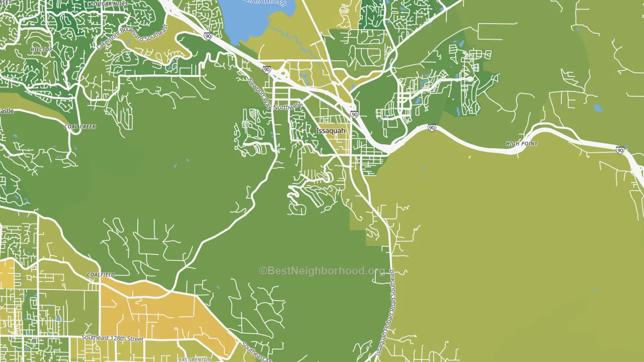 Map of the best neighborhoods in the 98027 area, with better matches in green and worse matches in red