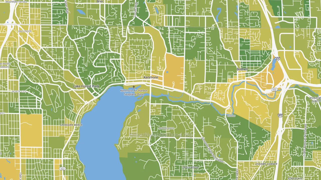 Map of the best neighborhoods in the 98028 area, with better matches in green and worse matches in red
