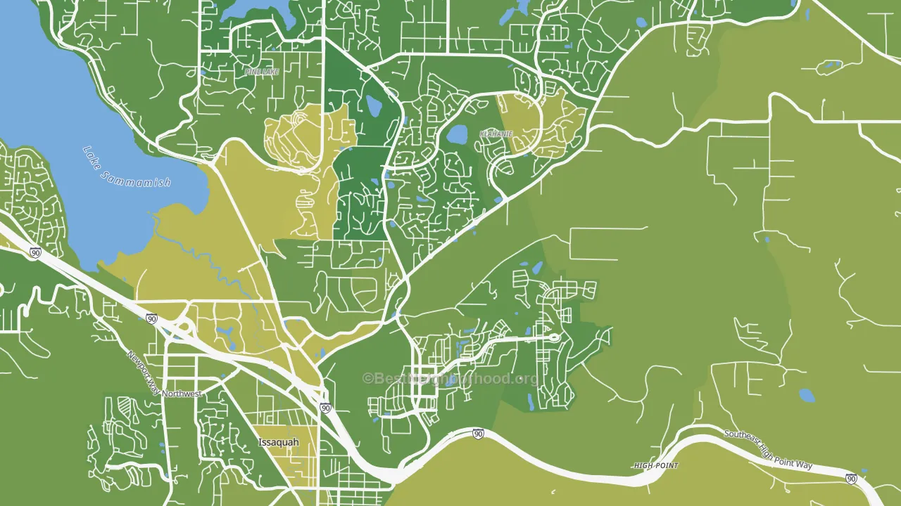 Map of the best neighborhoods in the 98029 area, with better matches in green and worse matches in red