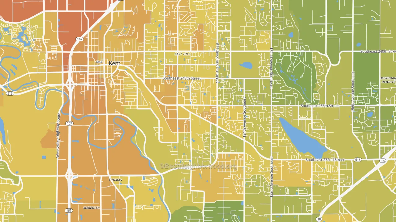 Map of the best neighborhoods in the 98030 area, with better matches in green and worse matches in red