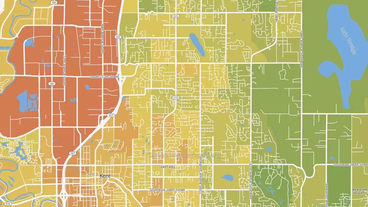 Map of the best neighborhoods in the 98031 area, with better matches in green and worse matches in red