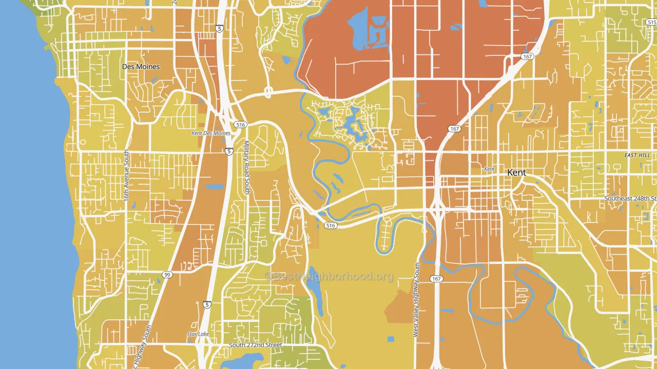 Map of the best neighborhoods in the 98032 area, with better matches in green and worse matches in red