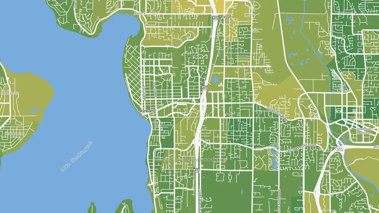 Map of the best neighborhoods in the 98033 area, with better matches in green and worse matches in red