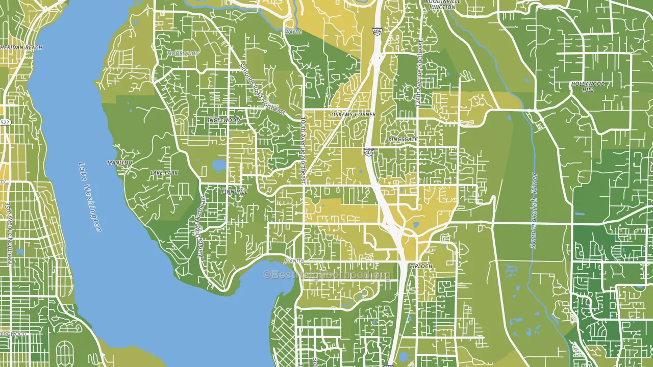 Map of the best neighborhoods in the 98034 area, with better matches in green and worse matches in red