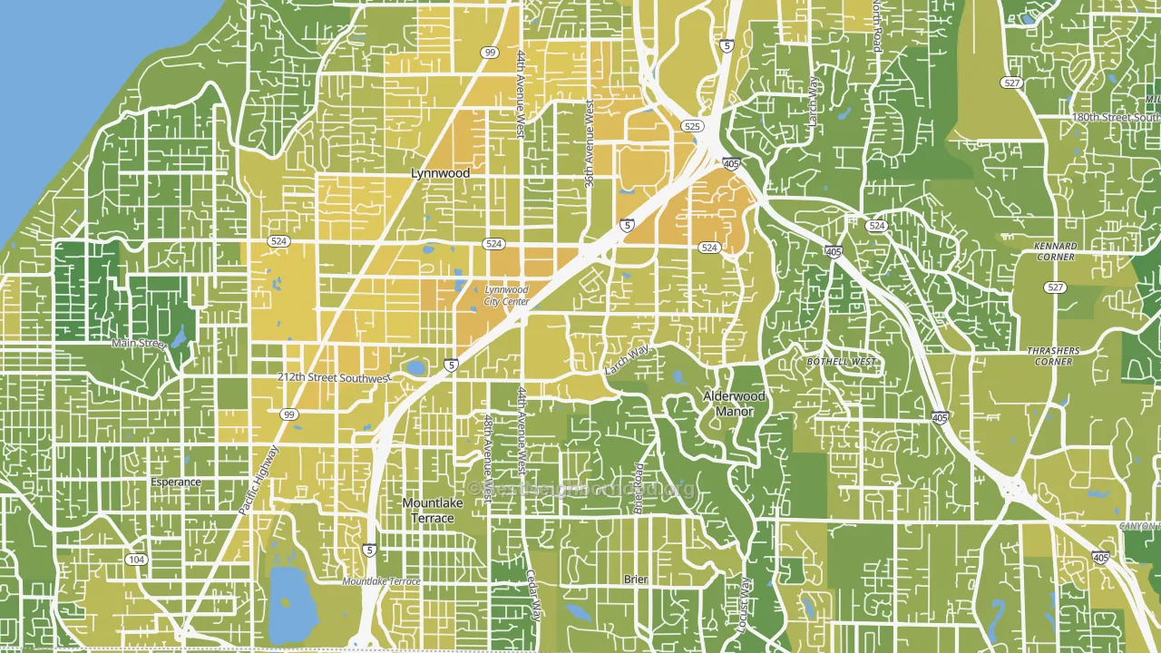Map of the best neighborhoods in the 98036 area, with better matches in green and worse matches in red