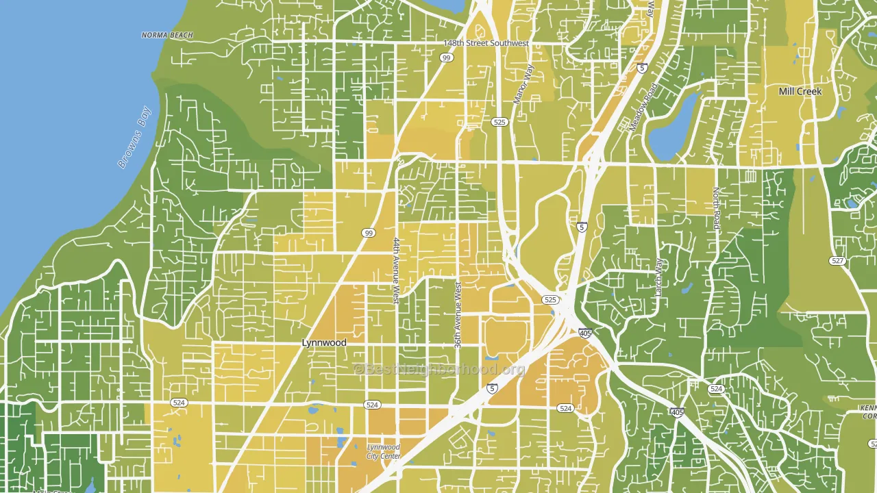 Map of the best neighborhoods in the 98037 area, with better matches in green and worse matches in red
