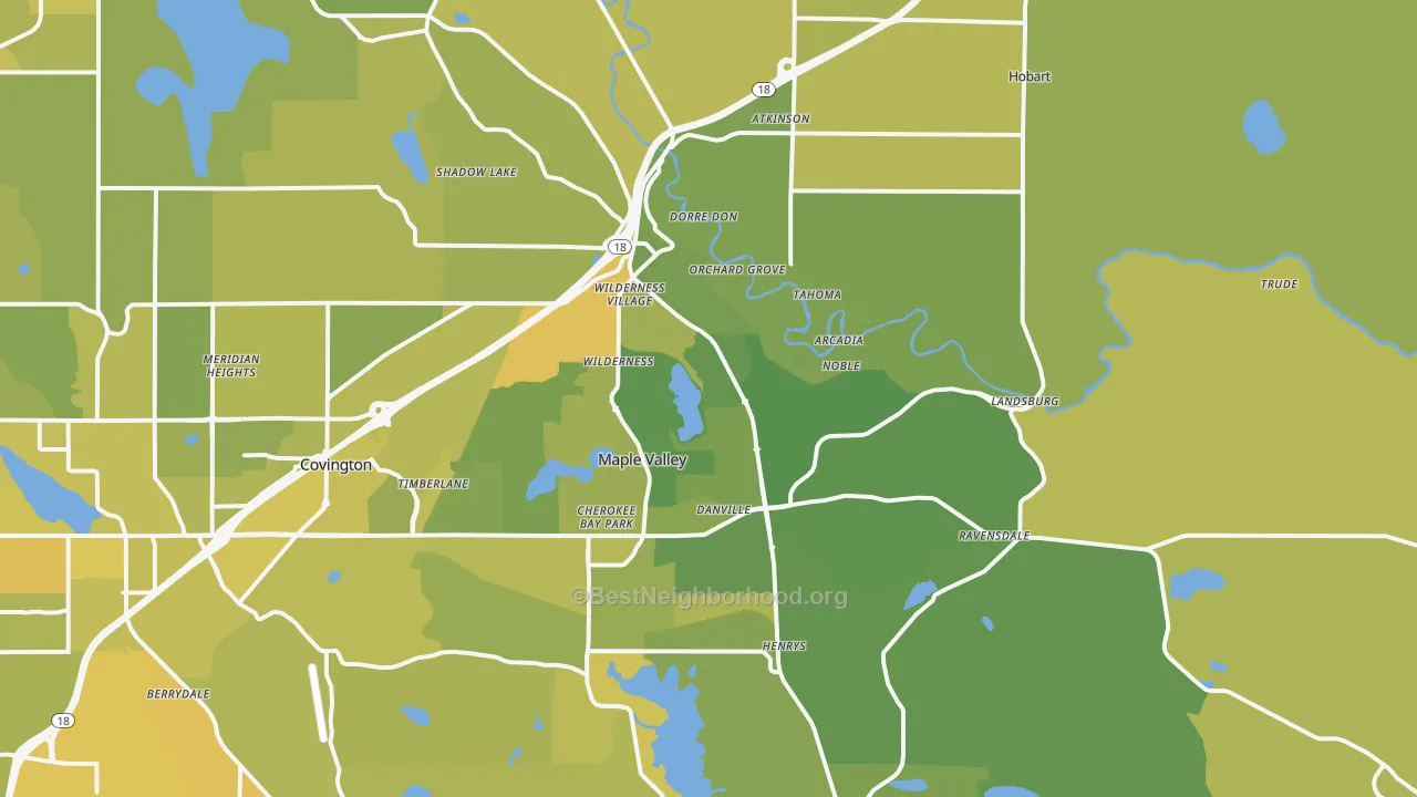 Map of the best neighborhoods in the 98038 area, with better matches in green and worse matches in red