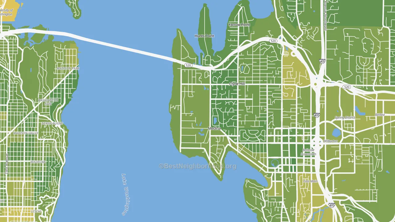 Map of the best neighborhoods in the 98039 area, with better matches in green and worse matches in red