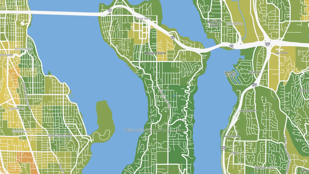 Map of the best neighborhoods in the 98040 area, with better matches in green and worse matches in red