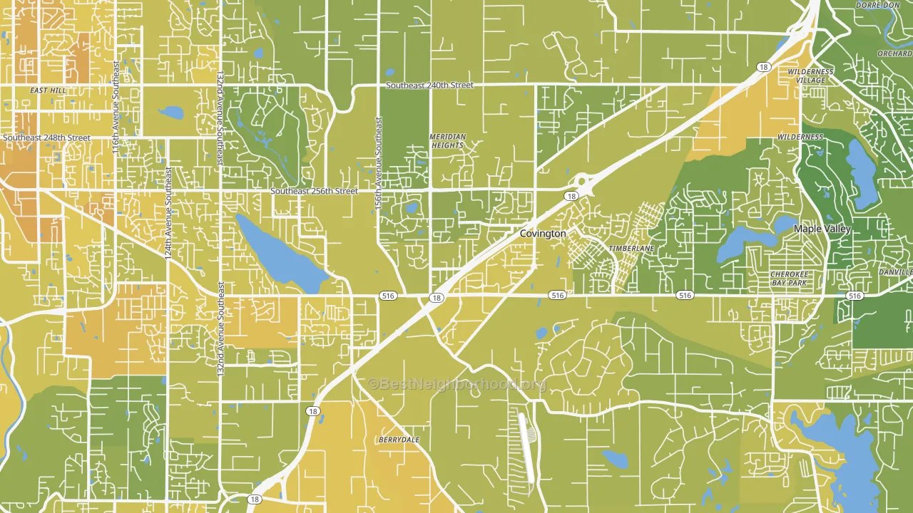 Map of the best neighborhoods in the 98042 area, with better matches in green and worse matches in red