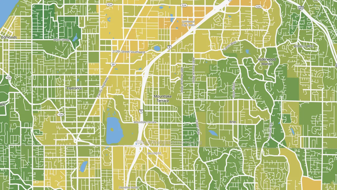 Map of the best neighborhoods in the 98043 area, with better matches in green and worse matches in red