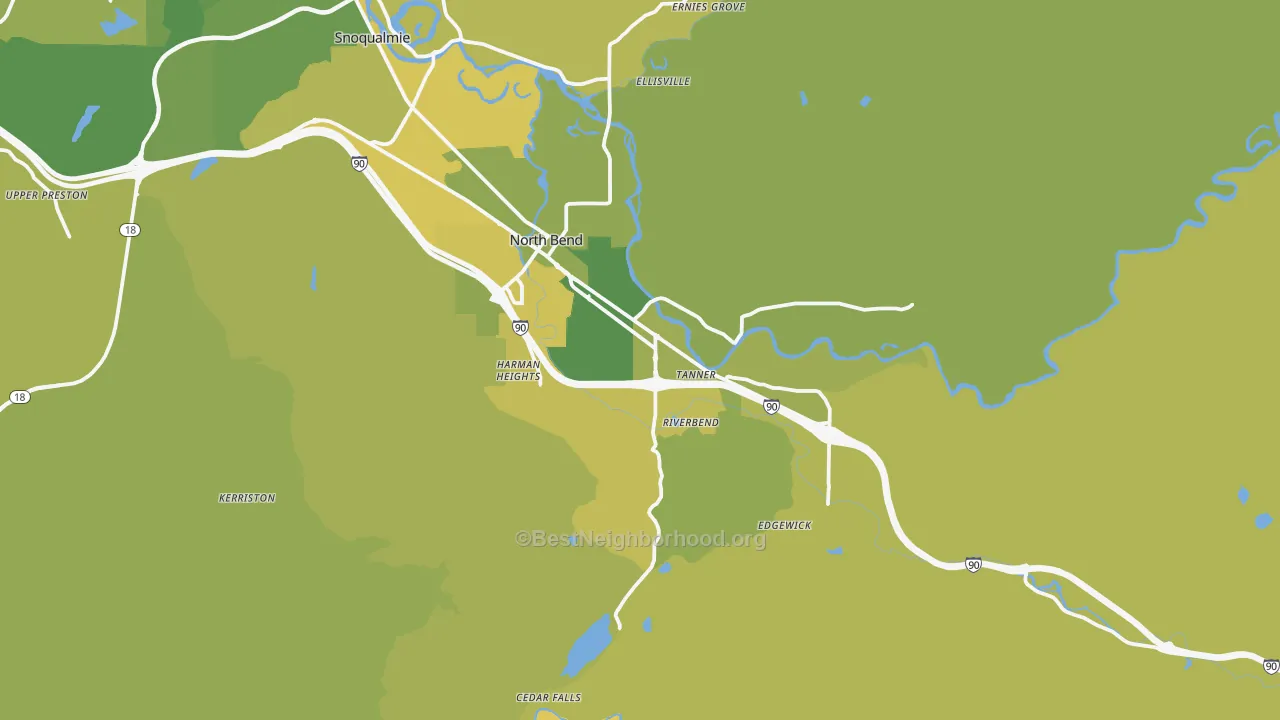 Map of the best neighborhoods in the 98045 area, with better matches in green and worse matches in red